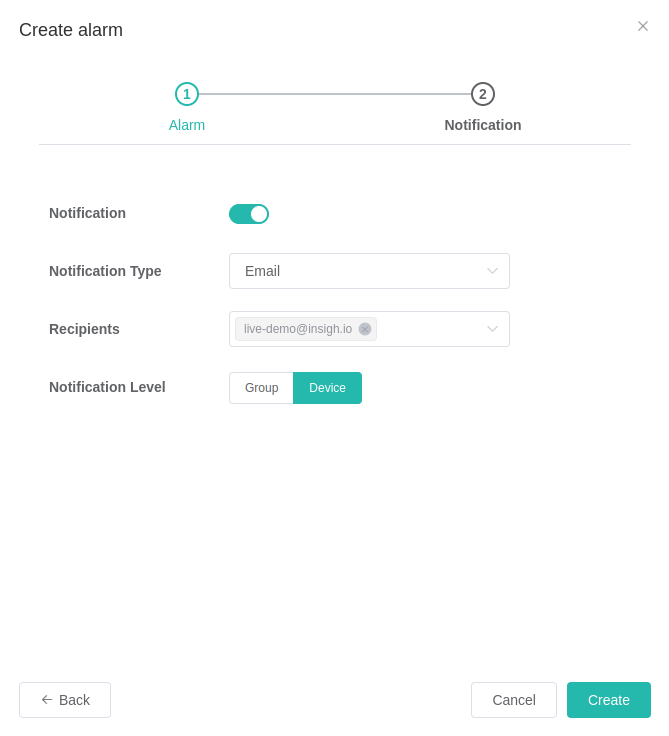 Alarm Creation Notification Step